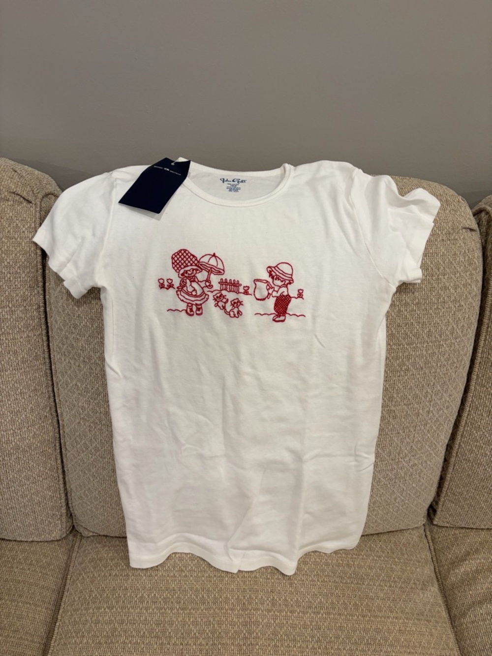 Brandy Melville Sunbonnet Kids White Tee with Red Embroidered Beach Motif